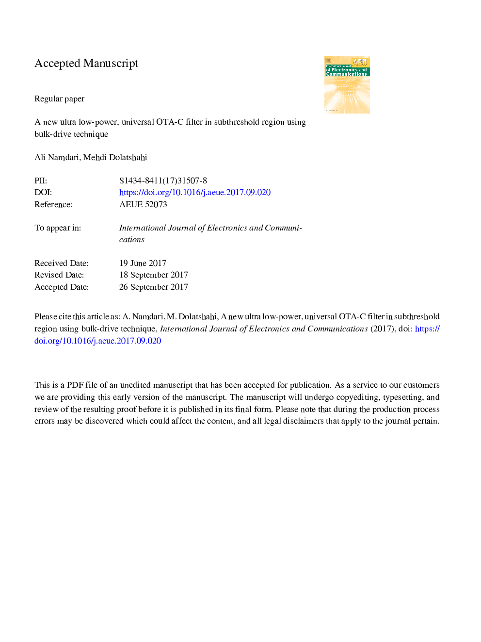 A new ultra low-power, universal OTA-C filter in subthreshold region using bulk-drive technique