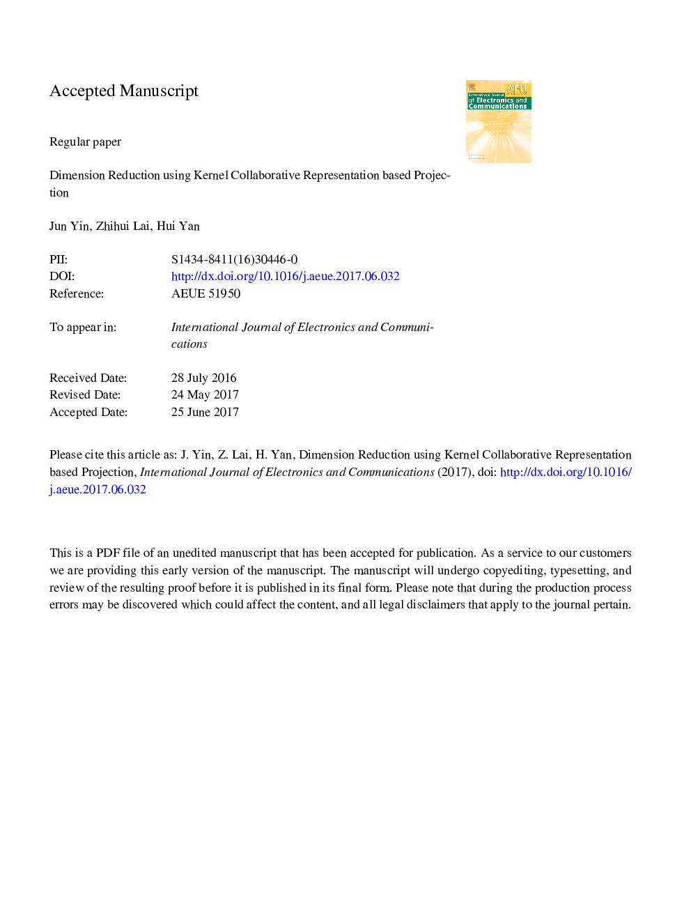 Dimension reduction using kernel collaborative representation based projection