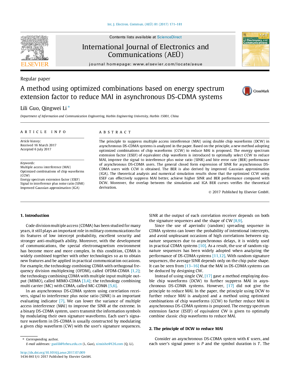 A method using optimized combinations based on energy spectrum extension factor to reduce MAI in asynchronous DS-CDMA systems