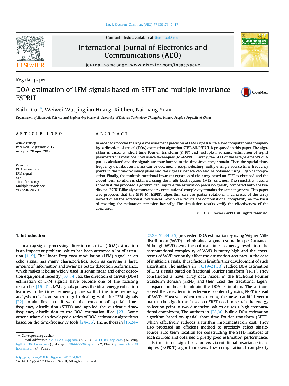 DOA estimation of LFM signals based on STFT and multiple invariance ESPRIT