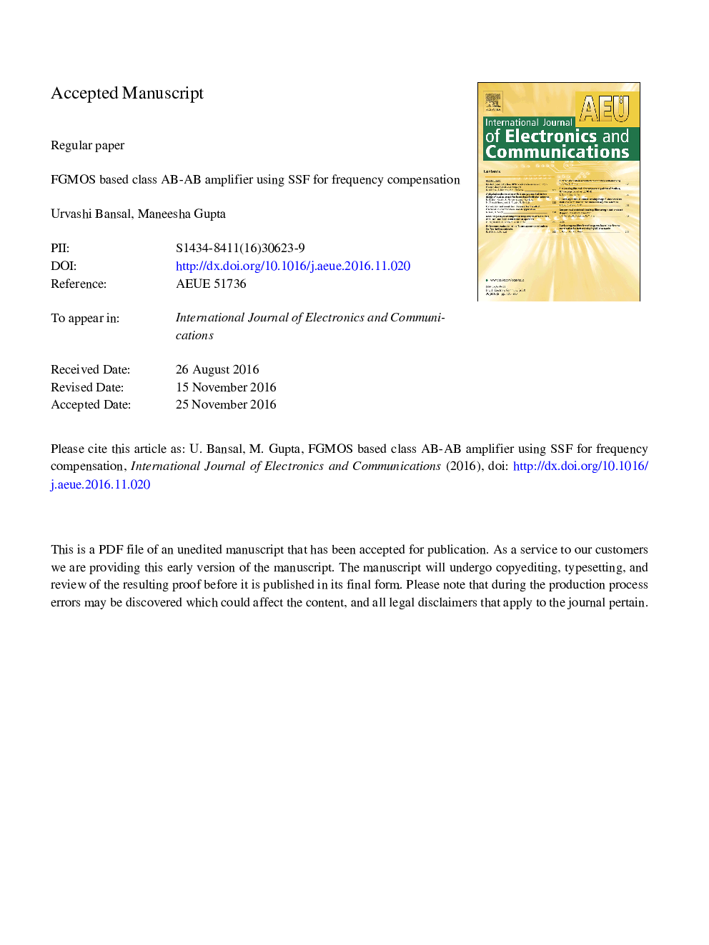 Two stage class AB-AB amplifier using FGMOS for low voltage operation and SSF for frequency compensation