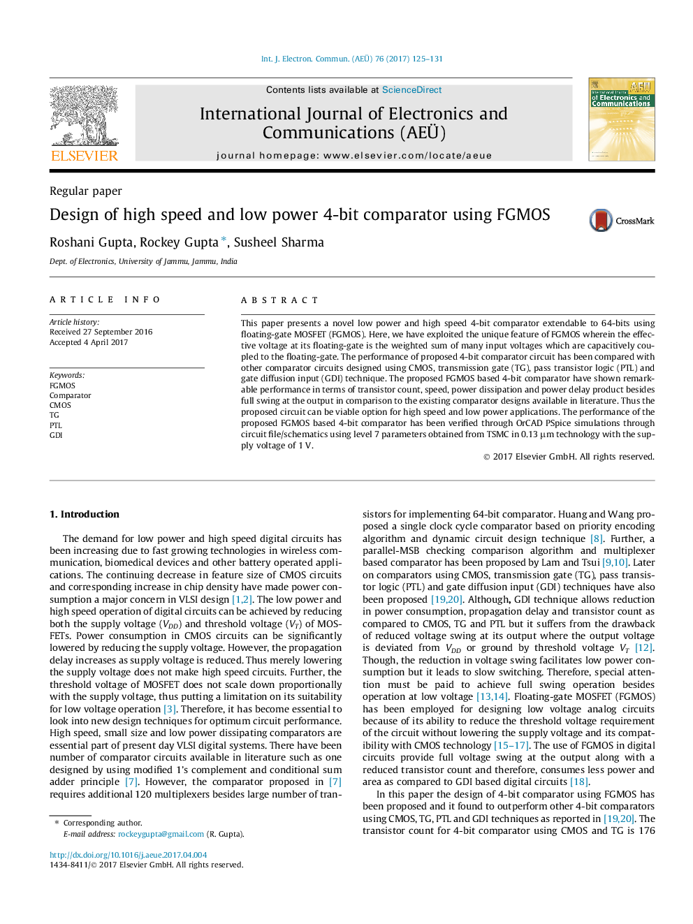 Design of high speed and low power 4-bit comparator using FGMOS