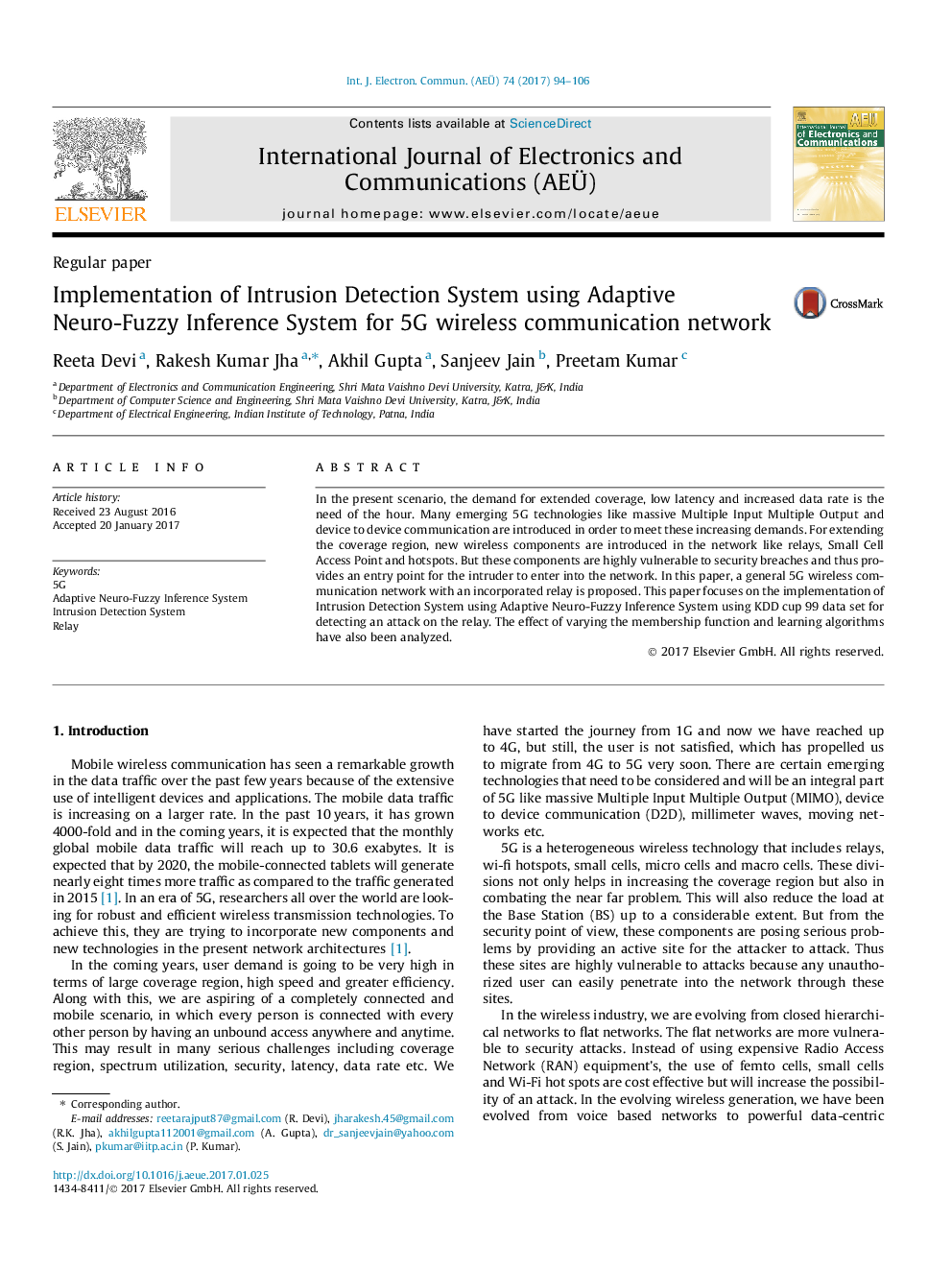 Implementation of Intrusion Detection System using Adaptive Neuro-Fuzzy Inference System for 5G wireless communication network