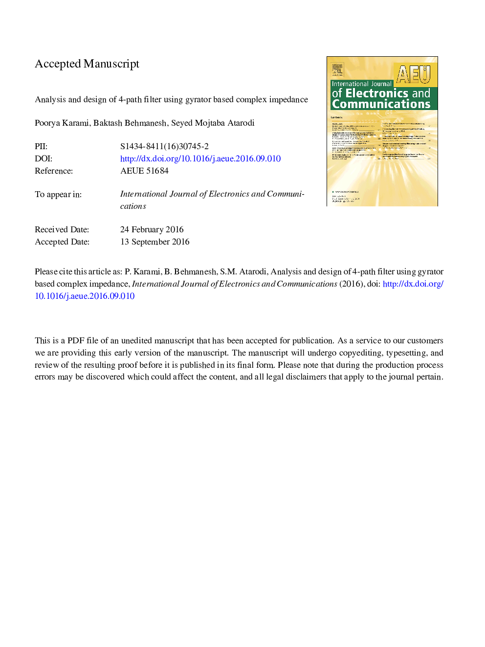 Analysis and design of 4-path filter using gyrator based complex impedance