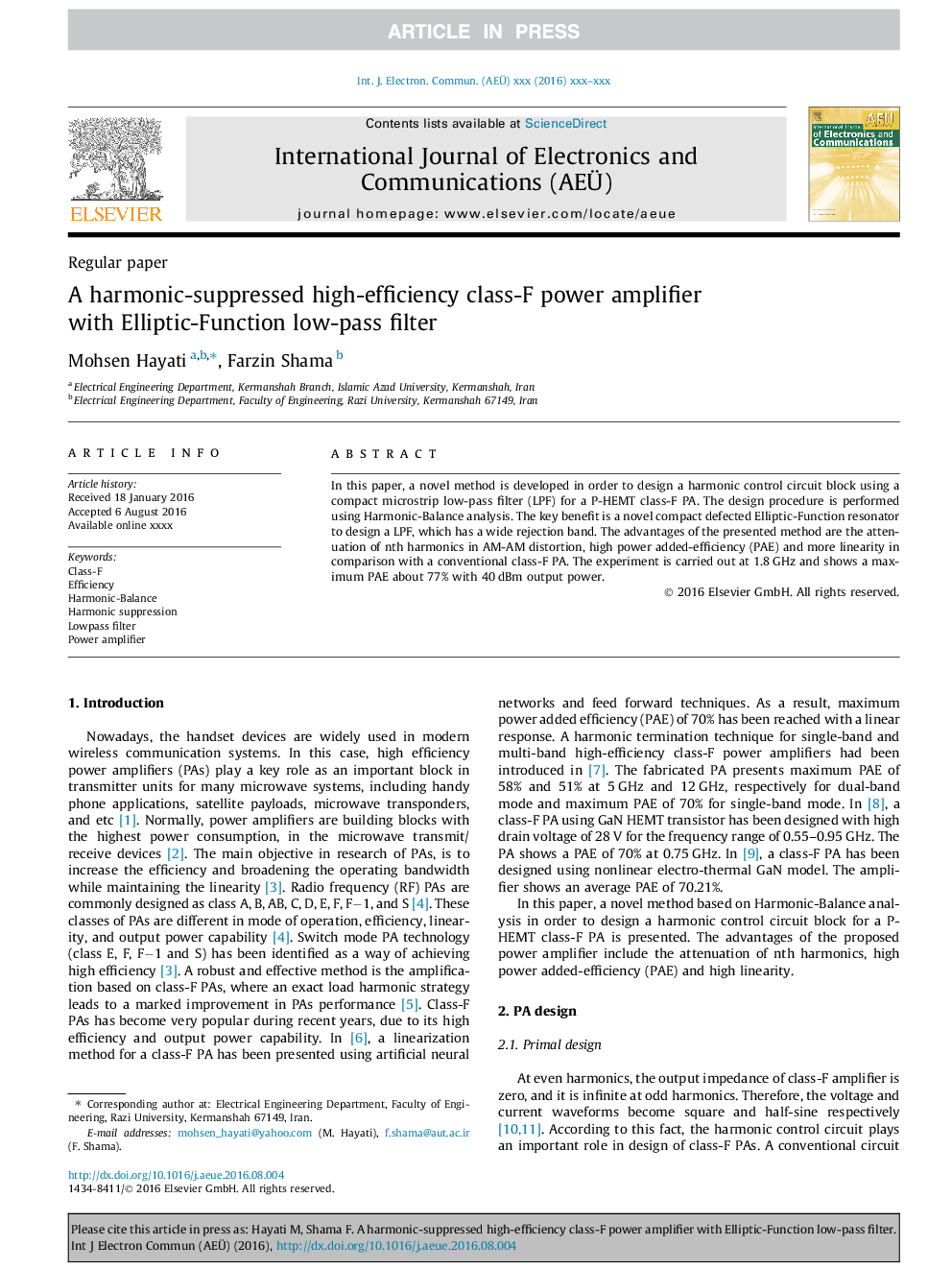 A harmonic-suppressed high-efficiency class-F power amplifier with Elliptic-Function low-pass filter