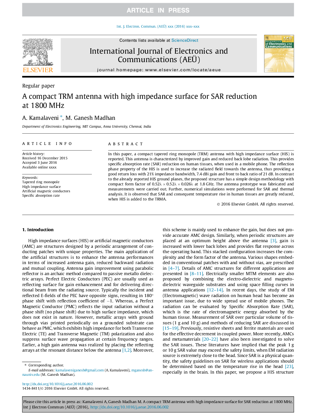 A compact TRM antenna with high impedance surface for SAR reduction at 1800Â MHz