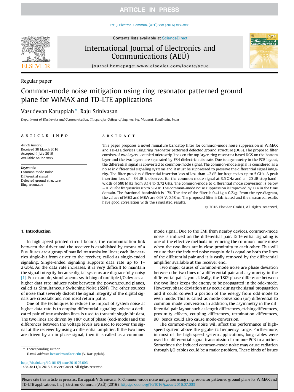 Common-mode noise mitigation using ring resonator patterned ground plane for WiMAX and TD-LTE applications