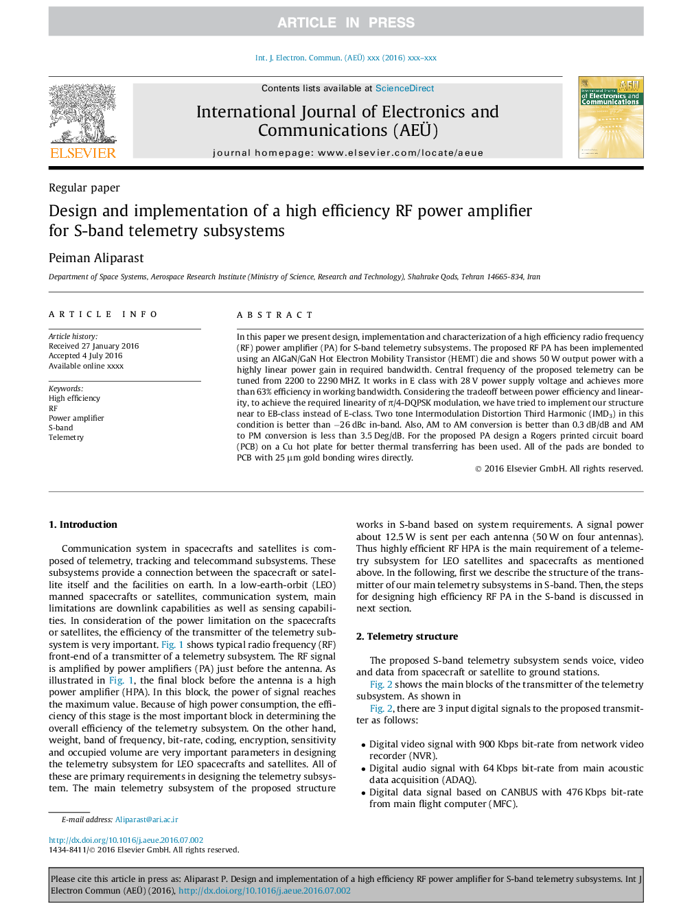 Design and implementation of a high efficiency RF power amplifier for S-band telemetry subsystems