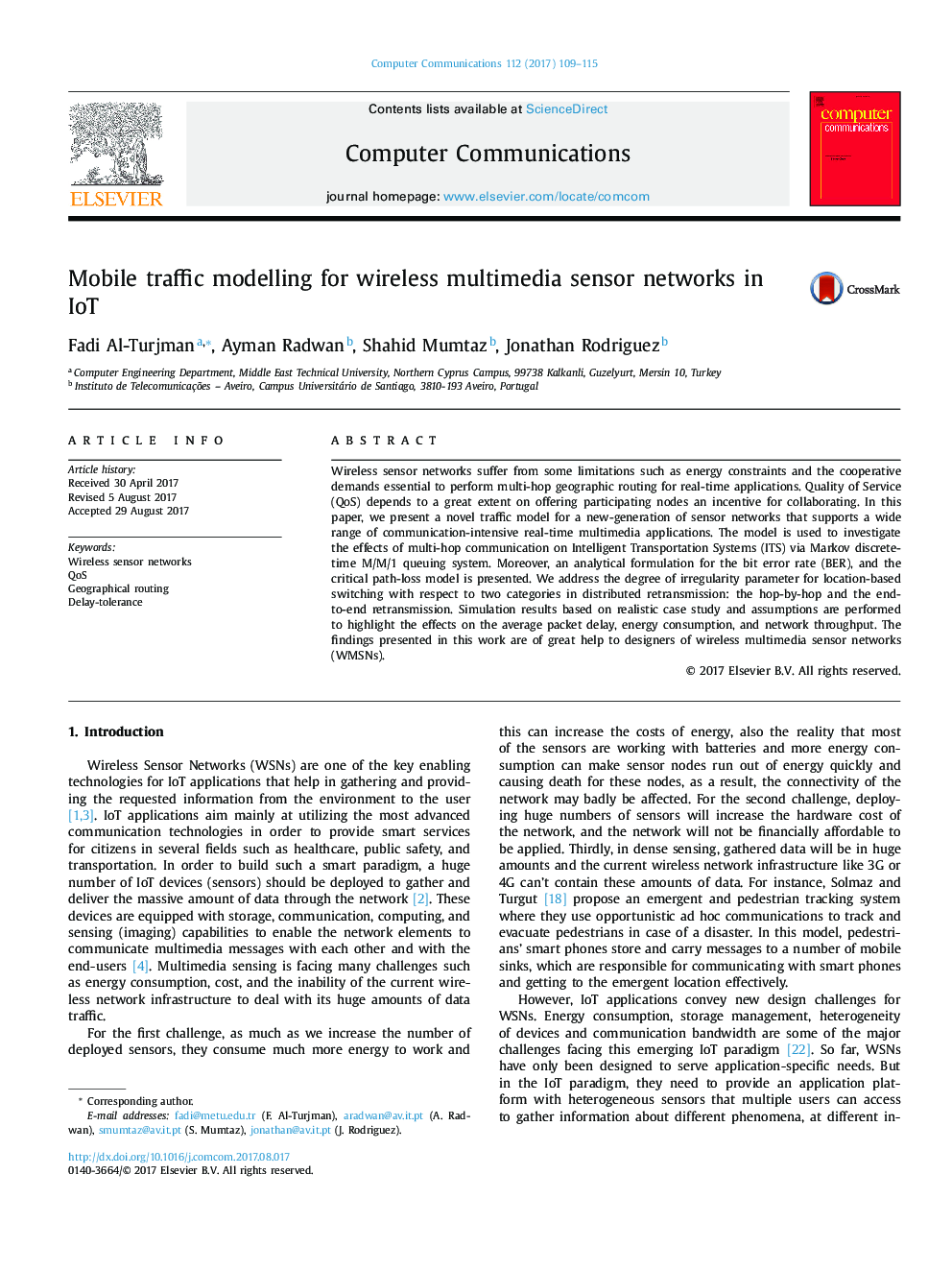 Mobile traffic modelling for wireless multimedia sensor networks in IoT