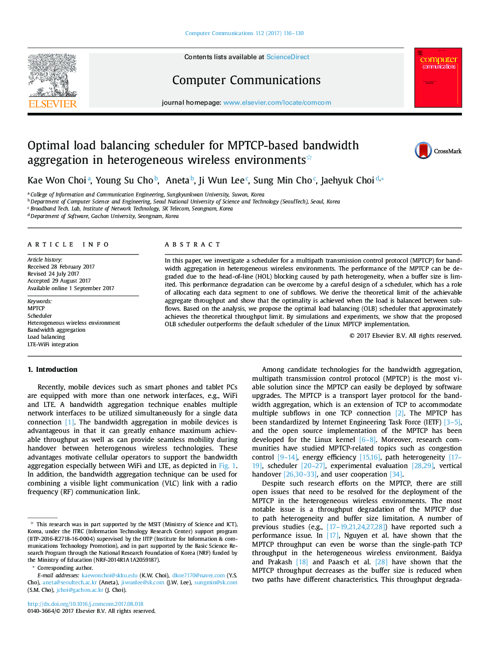 Optimal load balancing scheduler for MPTCP-based bandwidth aggregation in heterogeneous wireless environments