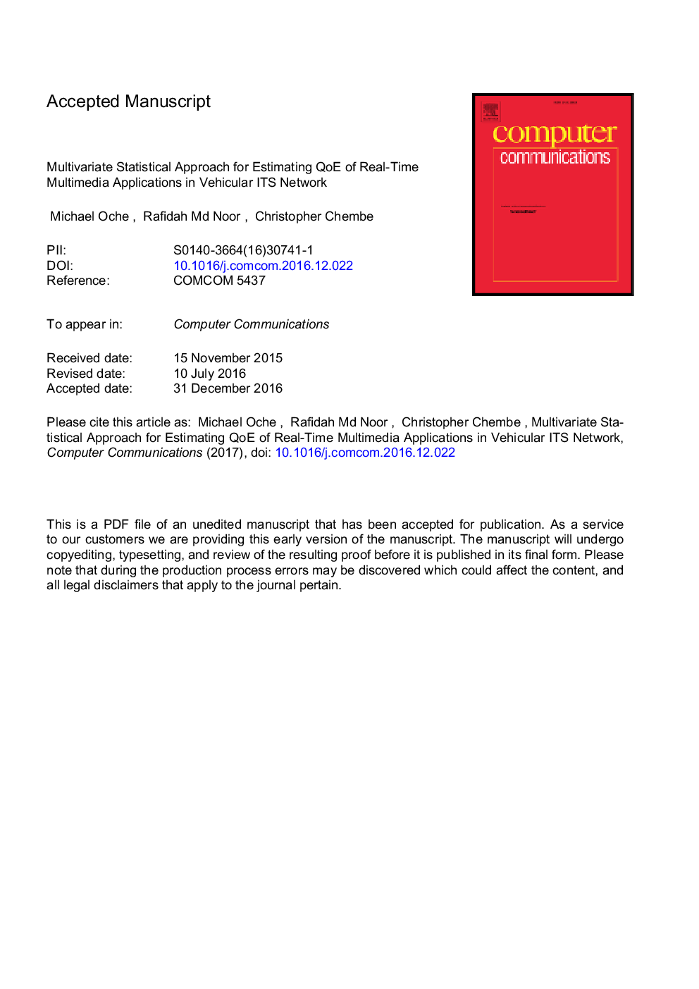 Multivariate statistical approach for estimating QoE of real-time multimedia applications in vehicular ITS network