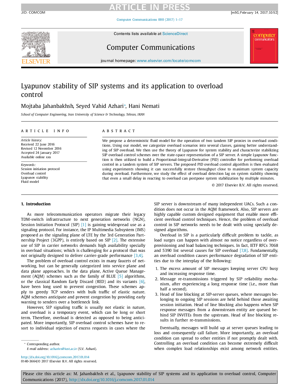عکس صفحه اول مقاله: Lyapunov stability of SIP systems and its application to overload control Lyapunov stability of SIP systems and its application to overload control