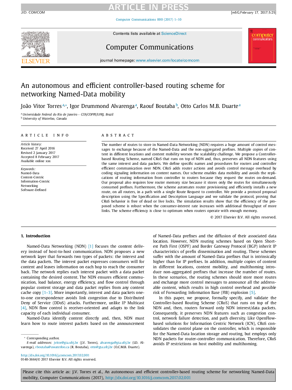 An autonomous and efficient controller-based routing scheme for networking Named-Data mobility