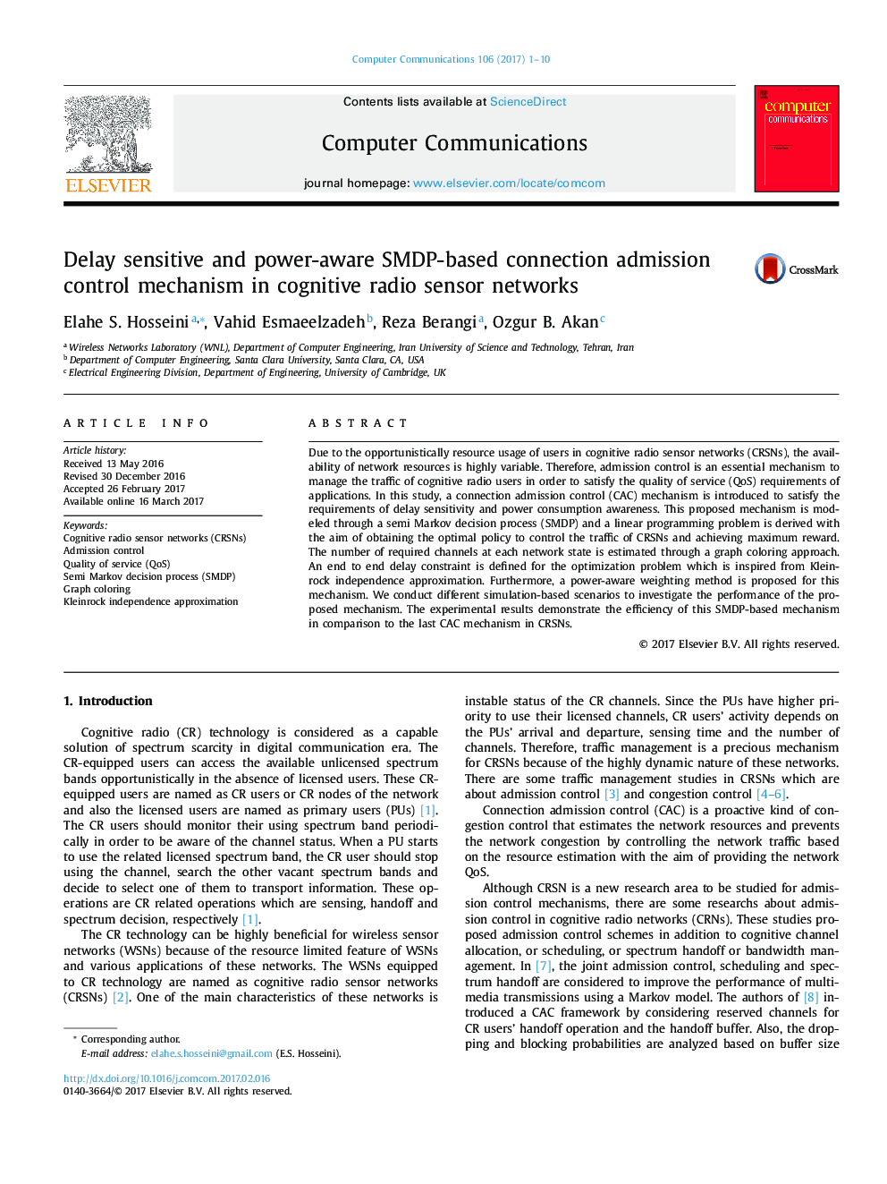 Delay sensitive and power-aware SMDP-based connection admission control mechanism in cognitive radio sensor networks