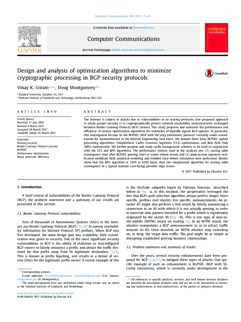 Design and analysis of optimization algorithms to minimize cryptographic processing in BGP security protocols