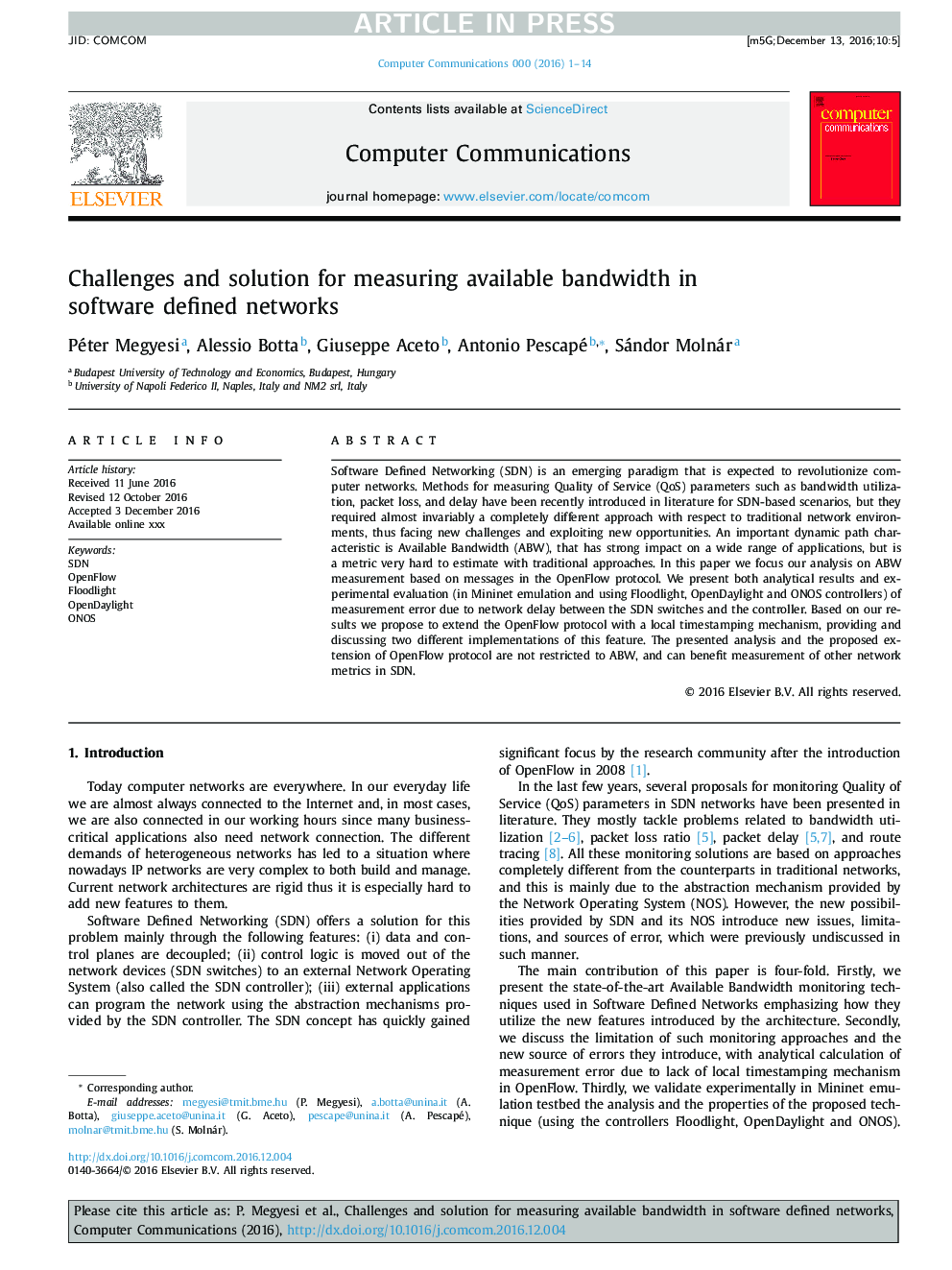 Challenges and solution for measuring available bandwidth in software defined networks