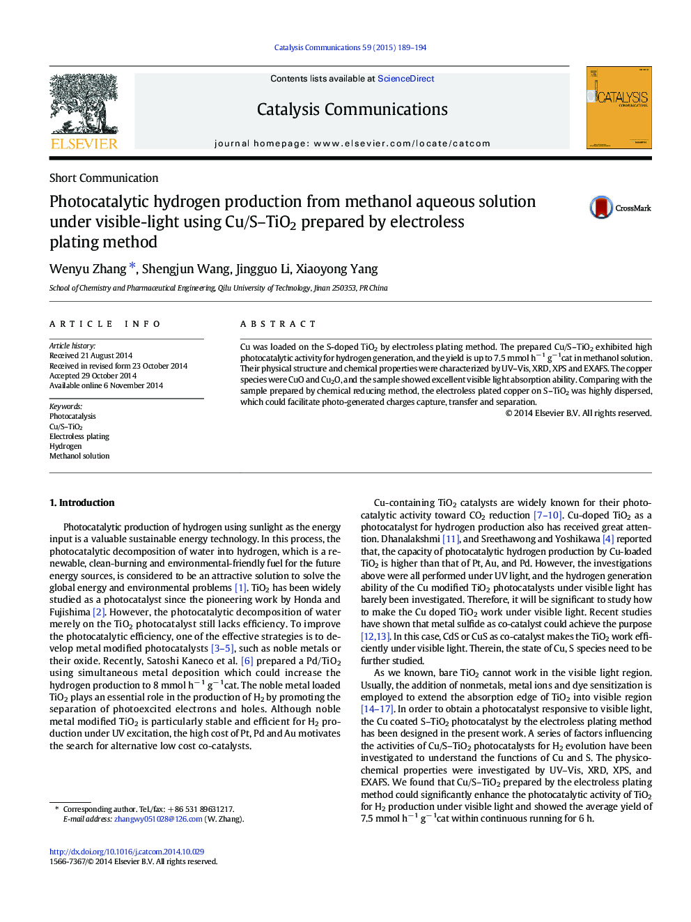 Photocatalytic hydrogen production from methanol aqueous solution under visible-light using Cu/S–TiO2 prepared by electroless plating method