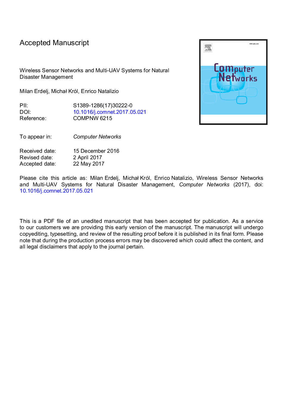 عکس صفحه اول مقاله: Wireless Sensor Networks and Multi-UAV systems for natural disaster management Wireless Sensor Networks and Multi-UAV systems for natural disaster management