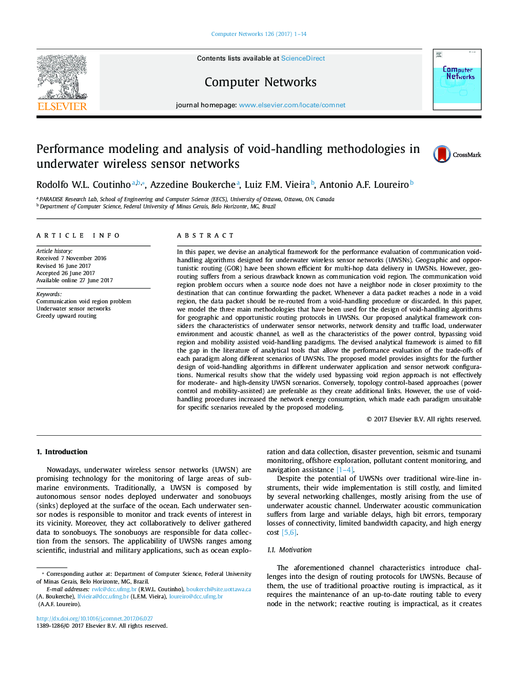 Performance modeling and analysis of void-handling methodologies in underwater wireless sensor networks