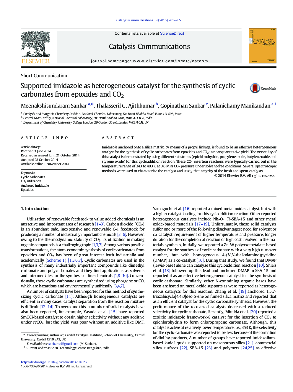 Supported imidazole as heterogeneous catalyst for the synthesis of cyclic carbonates from epoxides and CO2