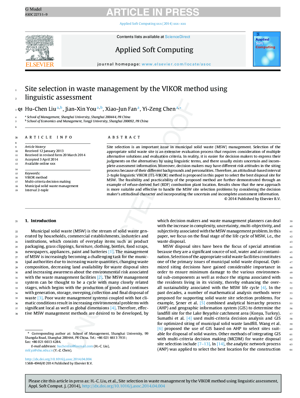 Site selection in waste management by the VIKOR method using linguistic assessment