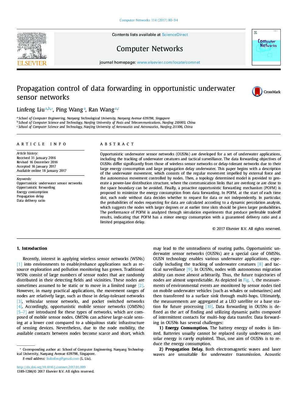 Propagation control of data forwarding in opportunistic underwater sensor networks