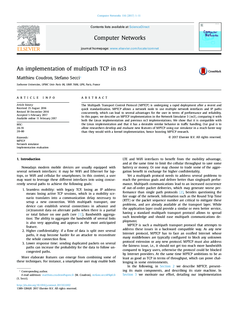 An implementation of multipath TCP in ns3