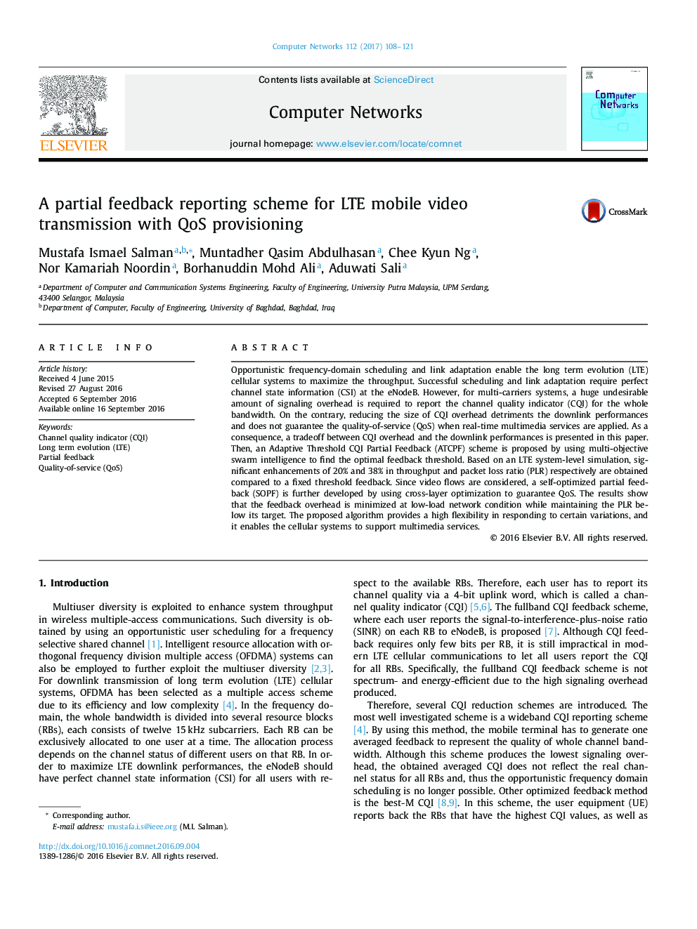 A partial feedback reporting scheme for LTE mobile video transmission with QoS provisioning