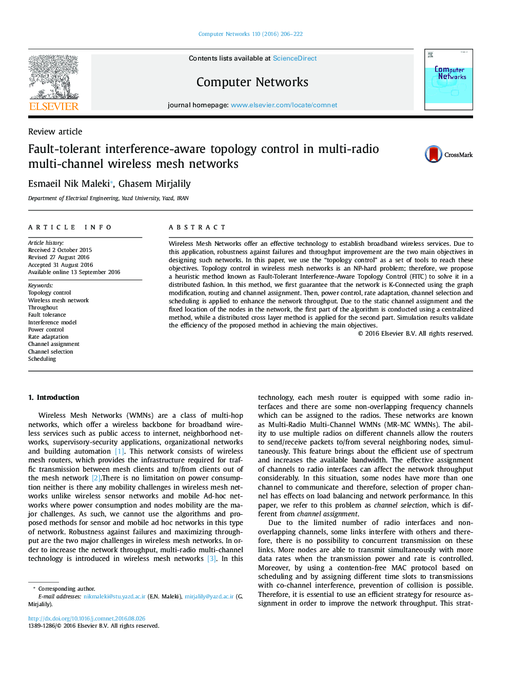 Fault-tolerant interference-aware topology control in multi-radio multi-channel wireless mesh networks