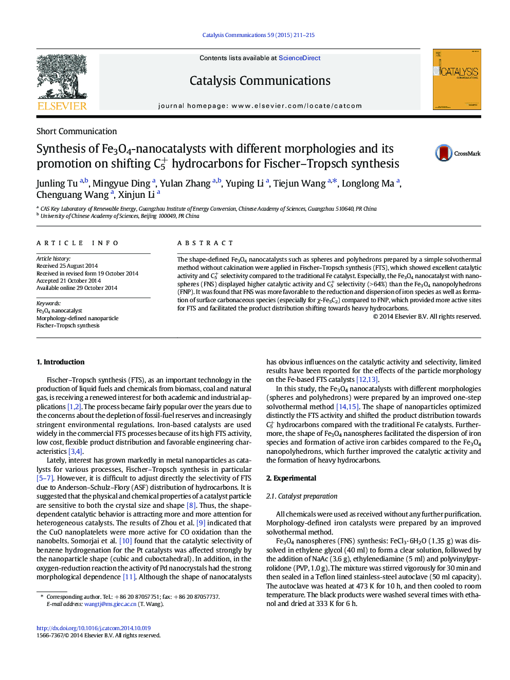 Synthesis of Fe3O4-nanocatalysts with different morphologies and its promotion on shifting C5+ hydrocarbons for Fischer–Tropsch synthesis