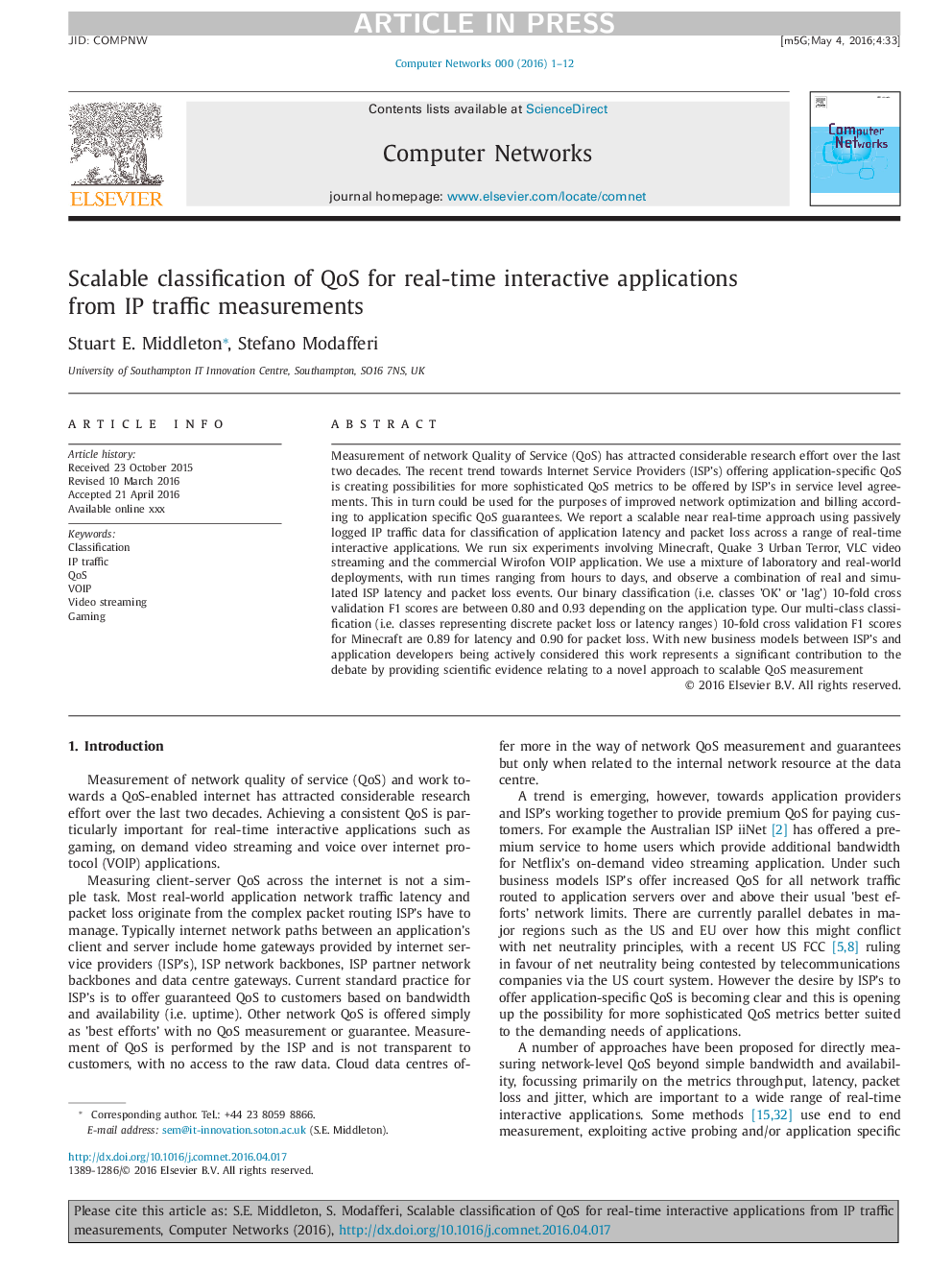 Scalable classification of QoS for real-time interactive applications from IP traffic measurements