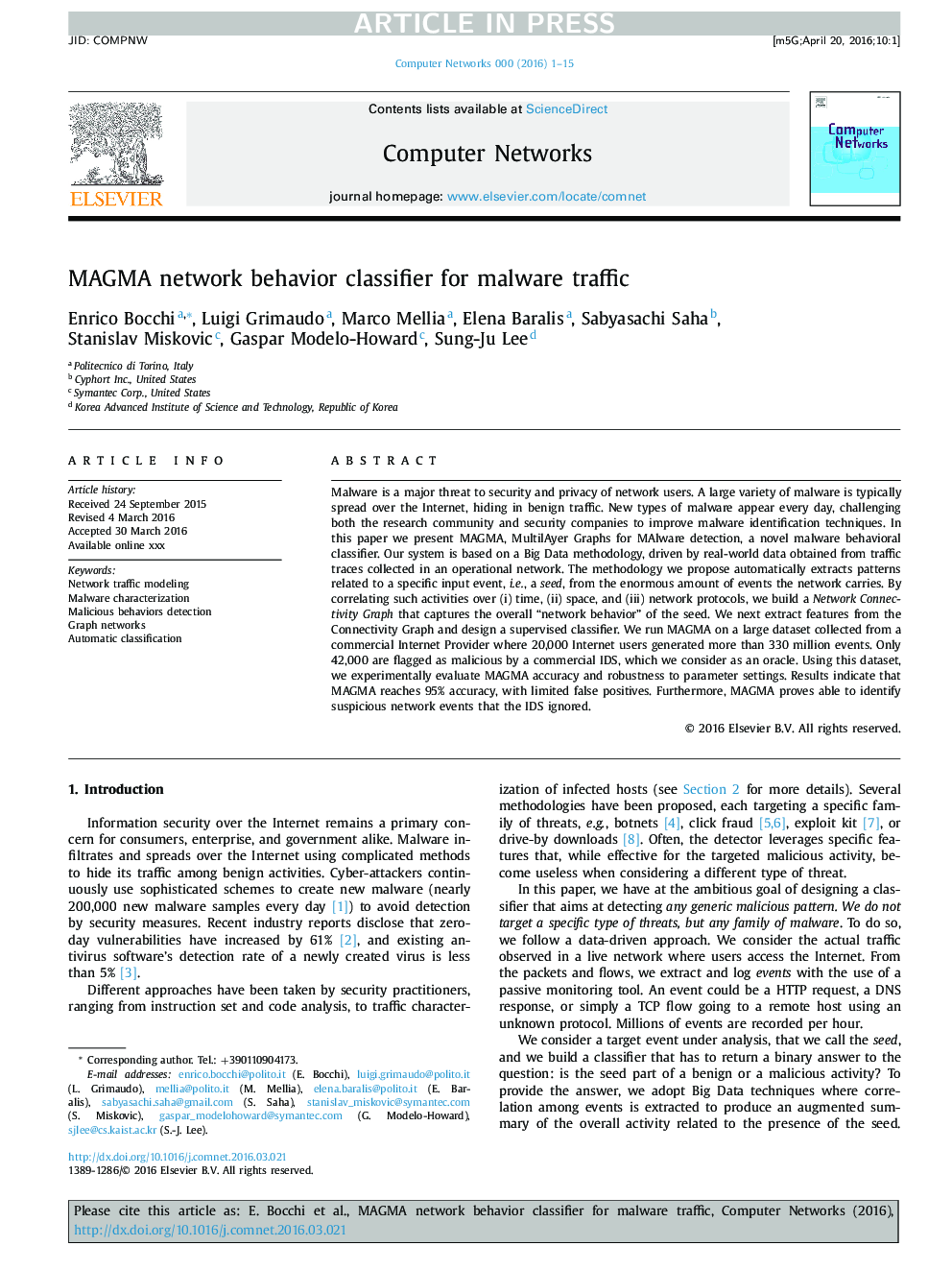 MAGMA network behavior classifier for malware traffic