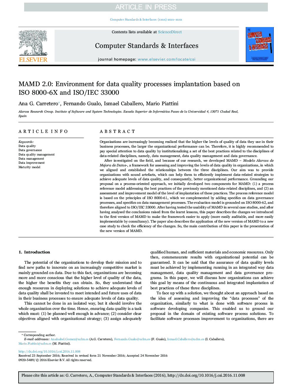 MAMD 2.0: Environment for data quality processes implantation based on ISO 8000-6X and ISO/IEC 33000