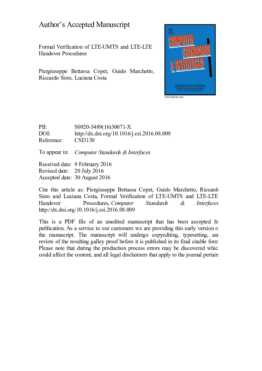 Formal verification of LTE-UMTS and LTE-LTE handover procedures