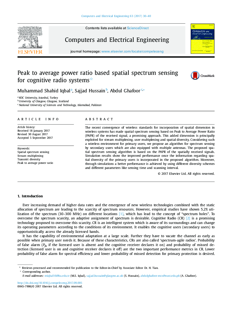 Peak to average power ratio based spatial spectrum sensing for cognitive radio systems