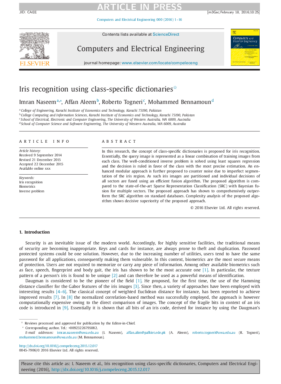 Iris recognition using class-specific dictionaries