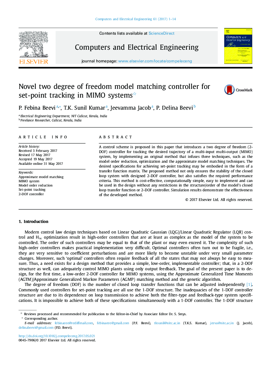 Novel two degree of freedom model matching controller for set-point tracking in MIMO systems