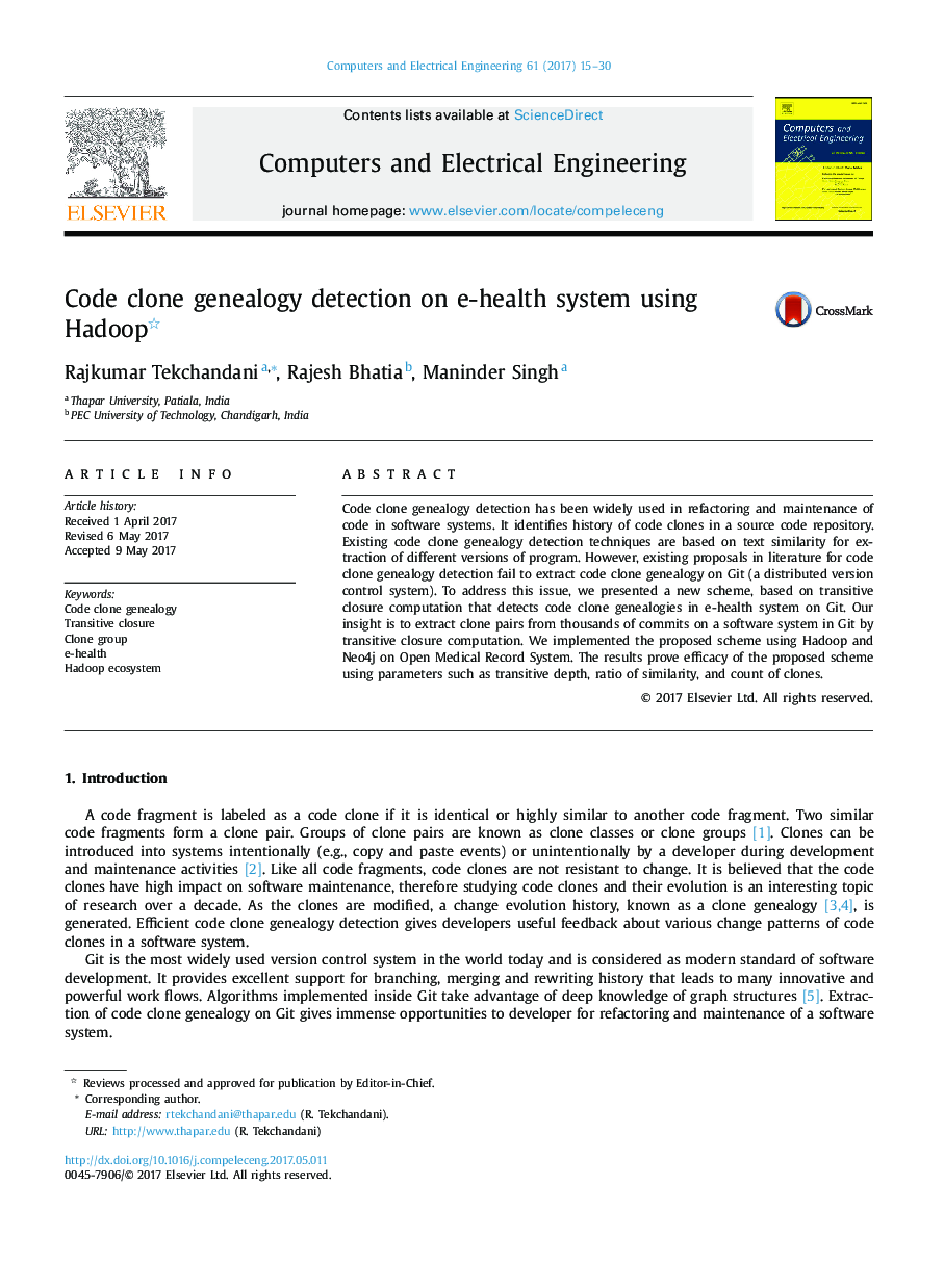 Code clone genealogy detection on e-health system using Hadoop