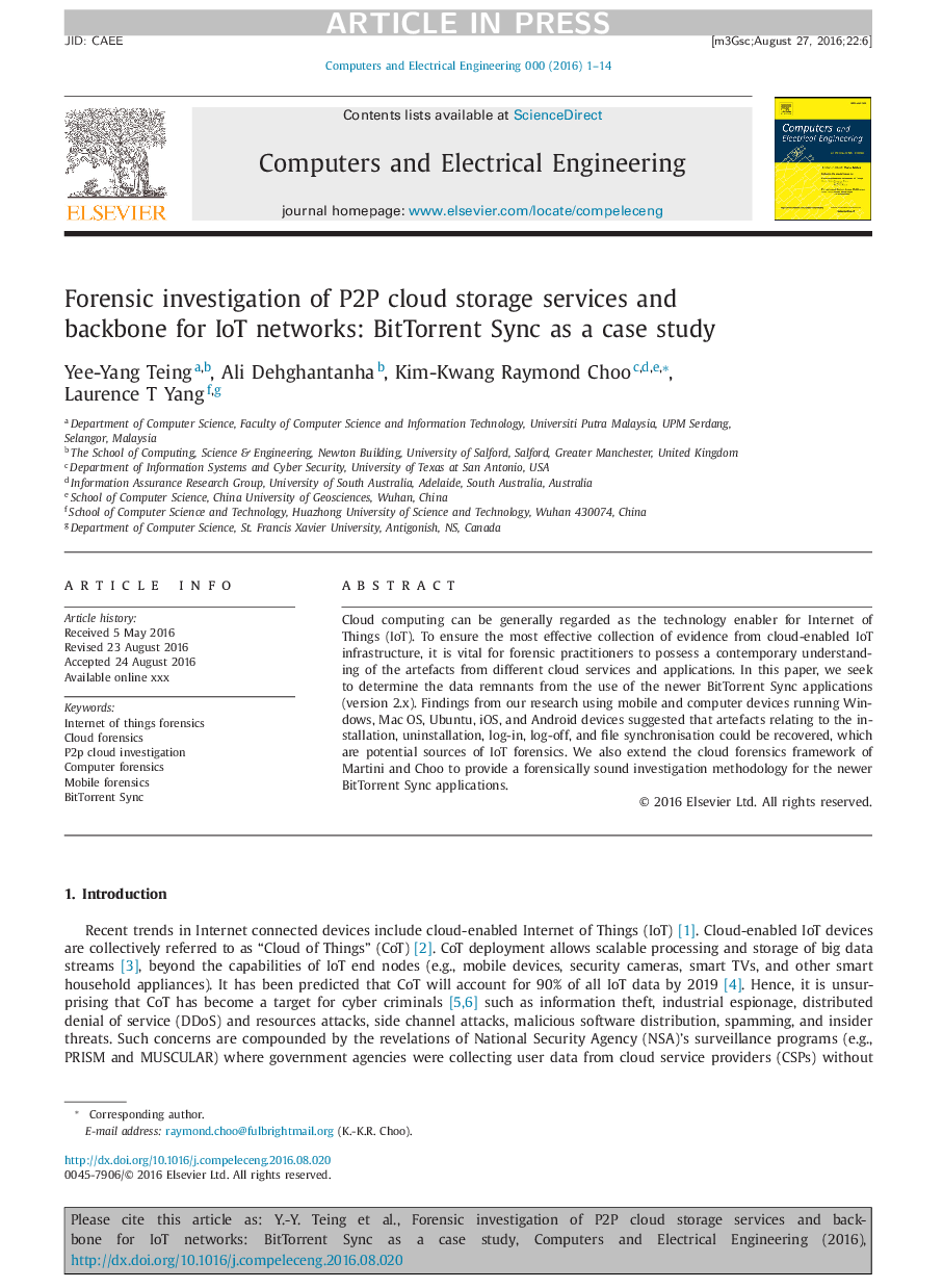 Forensic investigation of P2P cloud storage services and backbone for IoT networks: BitTorrent Sync as a case study