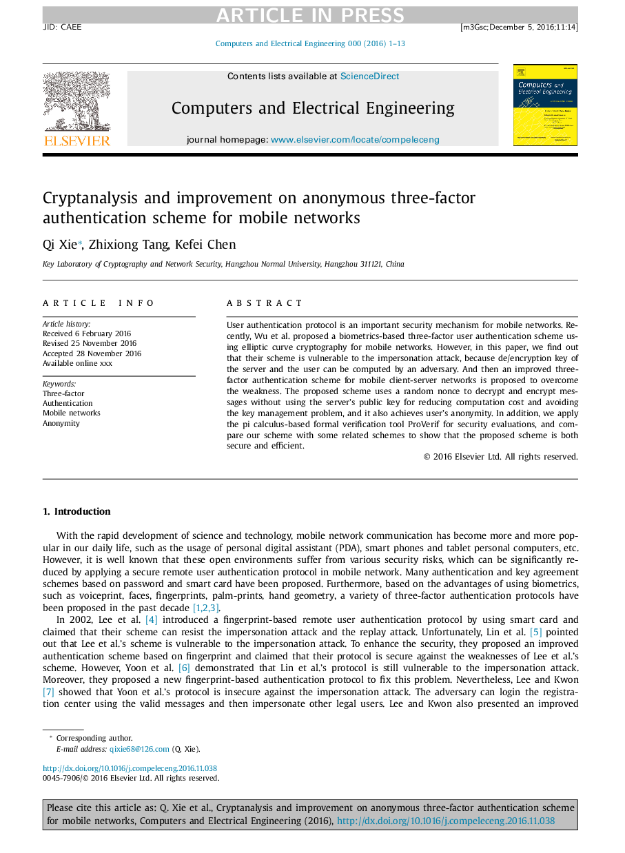 Cryptanalysis and improvement on anonymous three-factor authentication scheme for mobile networks