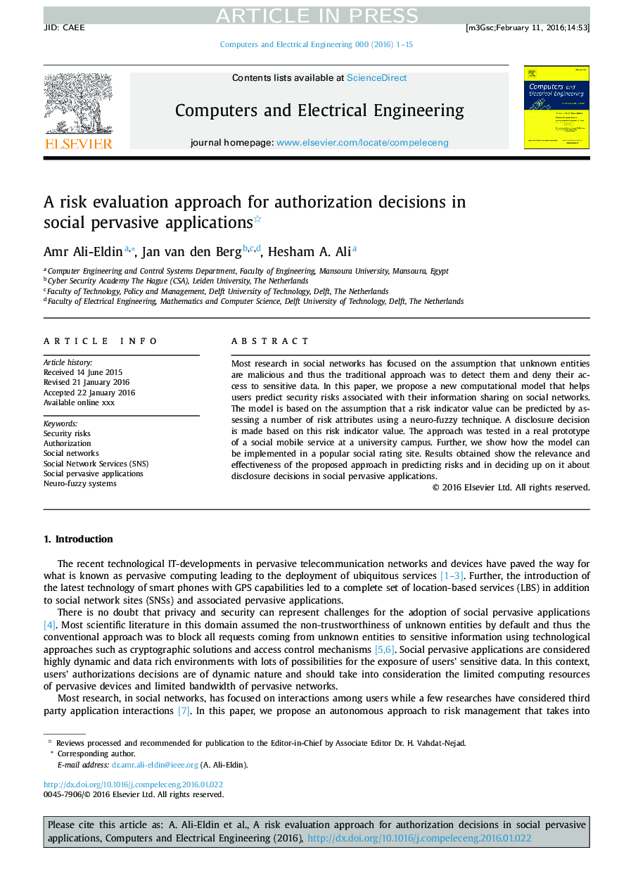 A risk evaluation approach for authorization decisions in social pervasive applications