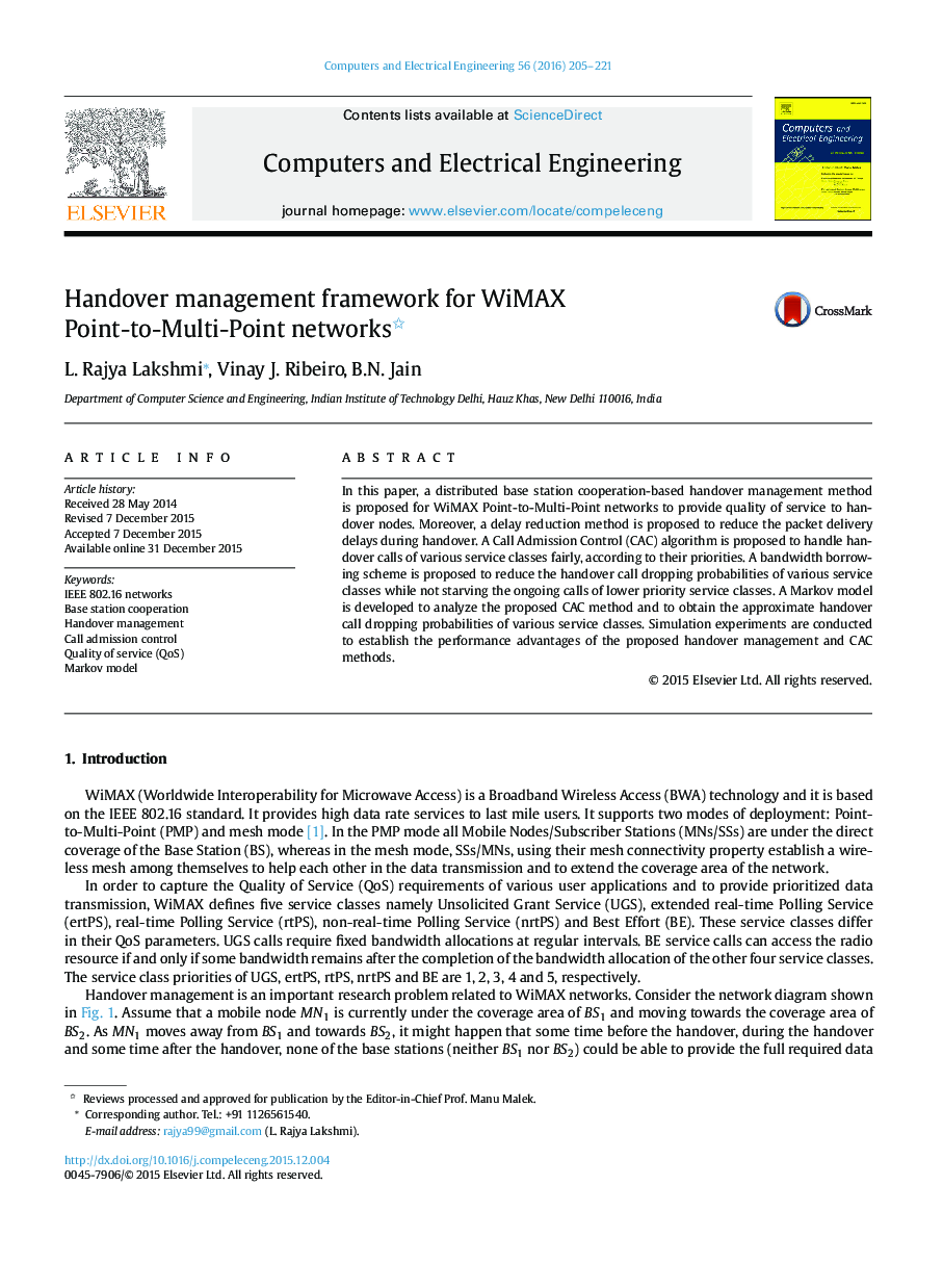 Handover management framework for WiMAX Point-to-Multi-Point networks