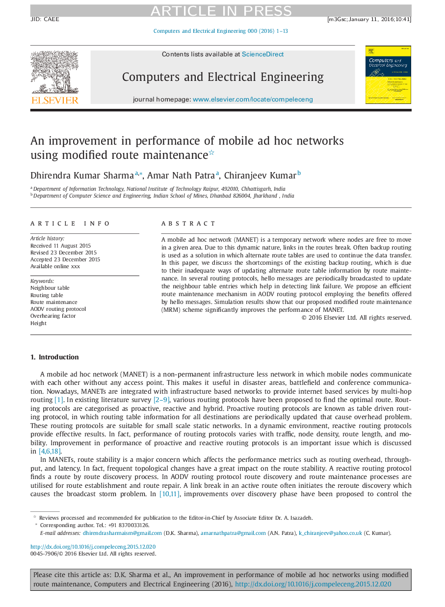 An improvement in performance of mobile ad hoc networks using modified route maintenance