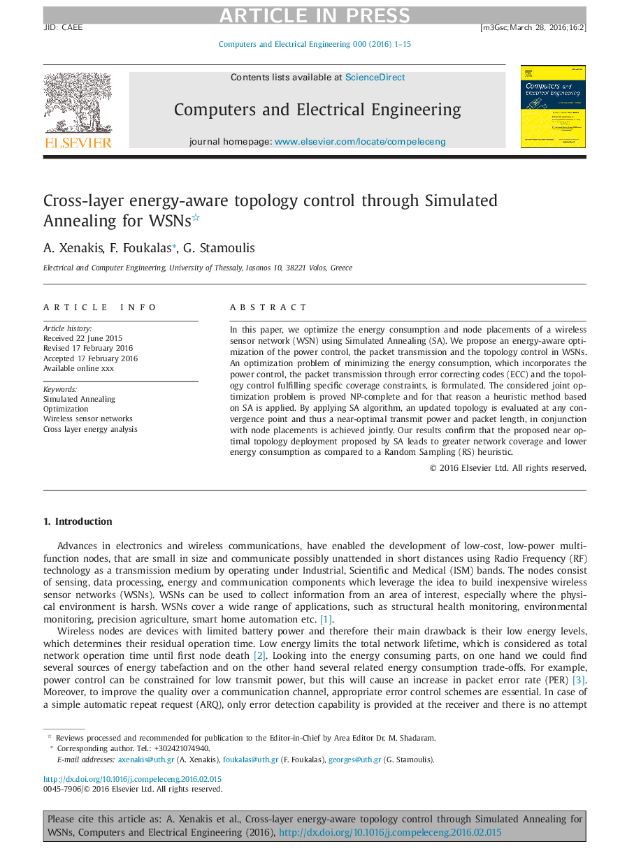 Cross-layer energy-aware topology control through Simulated Annealing for WSNs