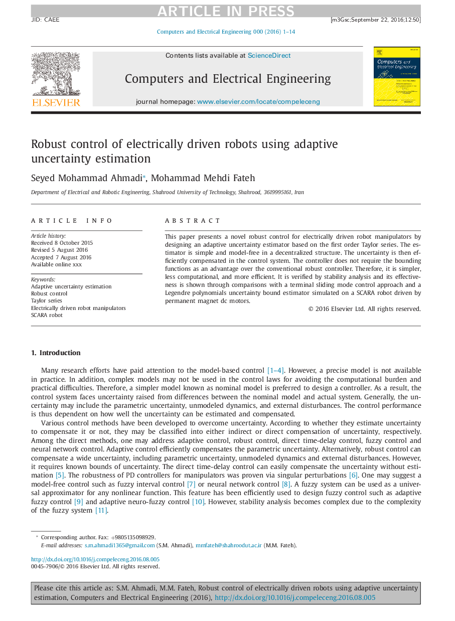 Robust control of electrically driven robots using adaptive uncertainty estimation