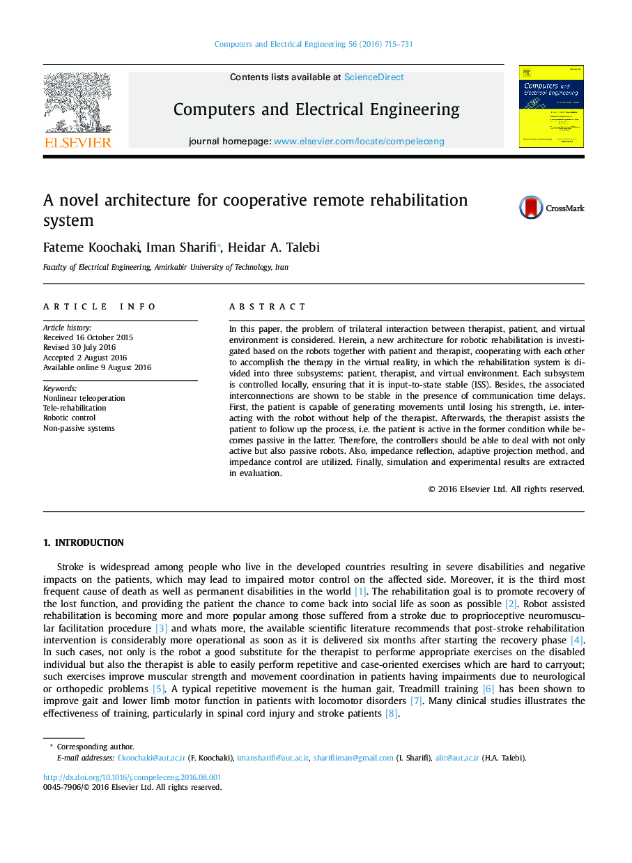 A novel architecture for cooperative remote rehabilitation system