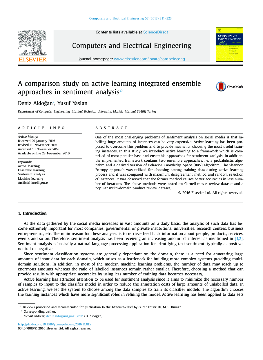 A comparison study on active learning integrated ensemble approaches in sentiment analysis