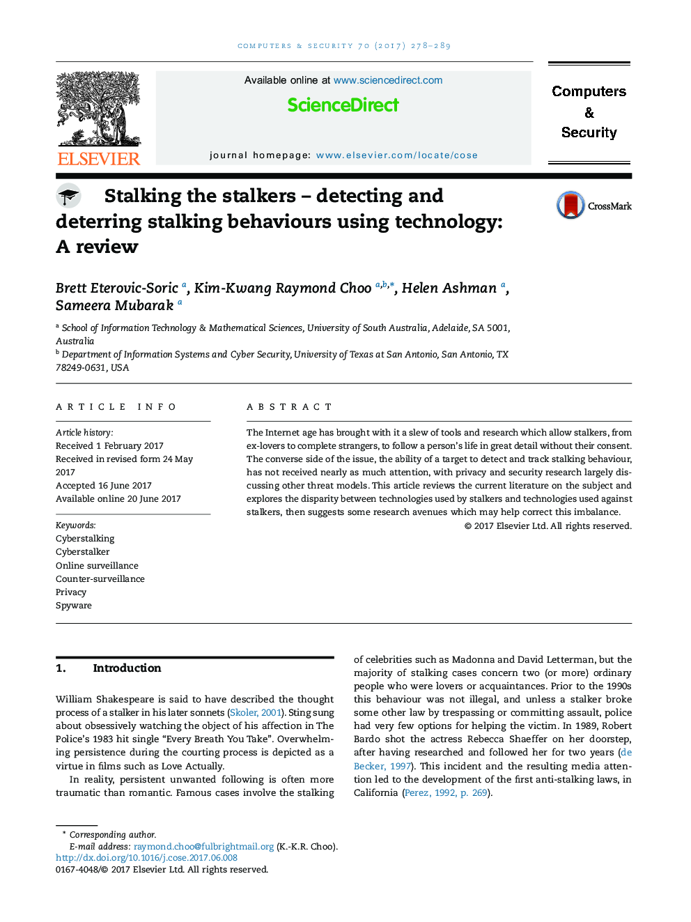 Stalking the stalkers - detecting and deterring stalking behaviours using technology: A review