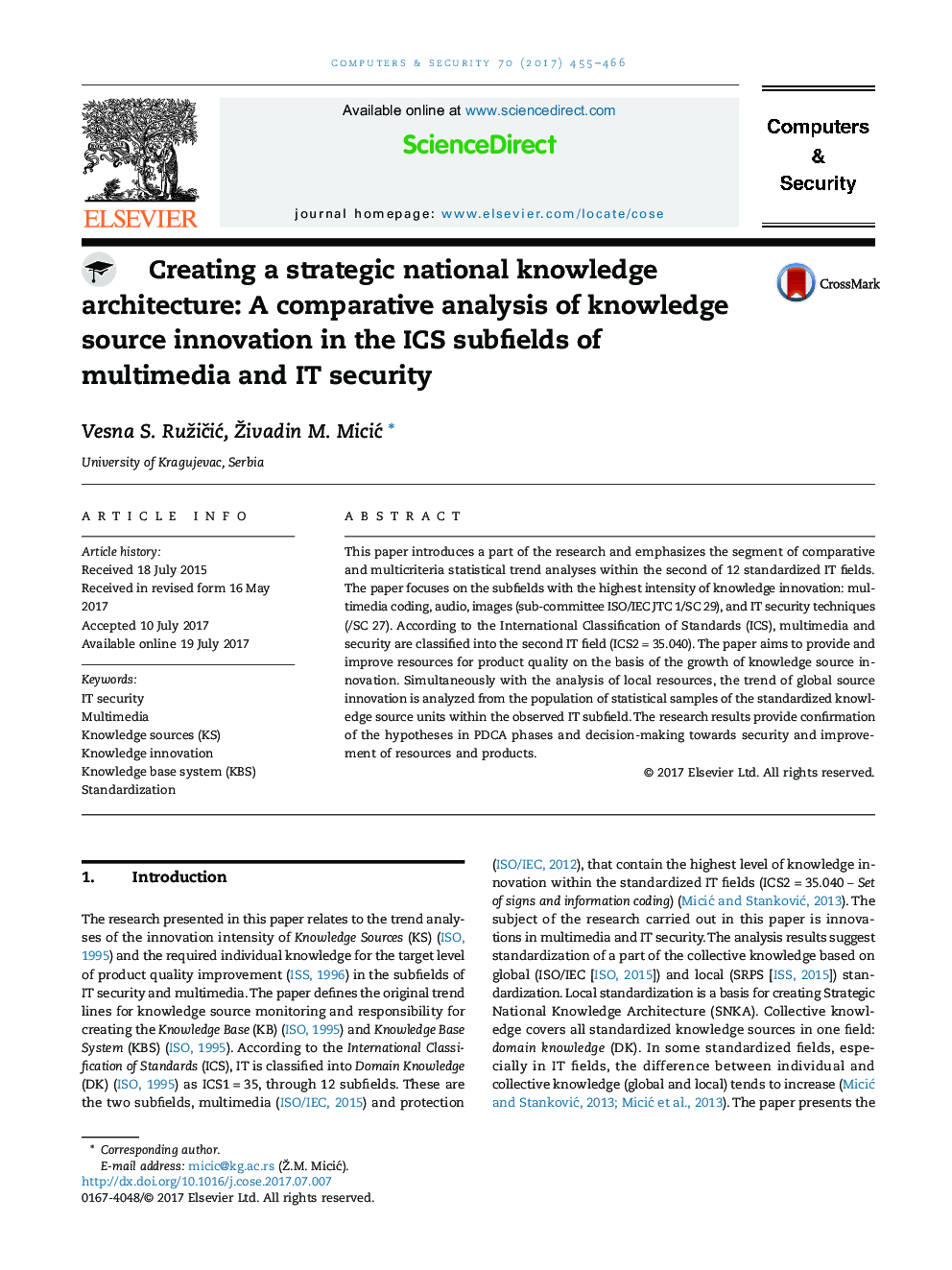 Creating a strategic national knowledge architecture: A comparative analysis of knowledge source innovation in the ICS subfields of multimedia and IT security