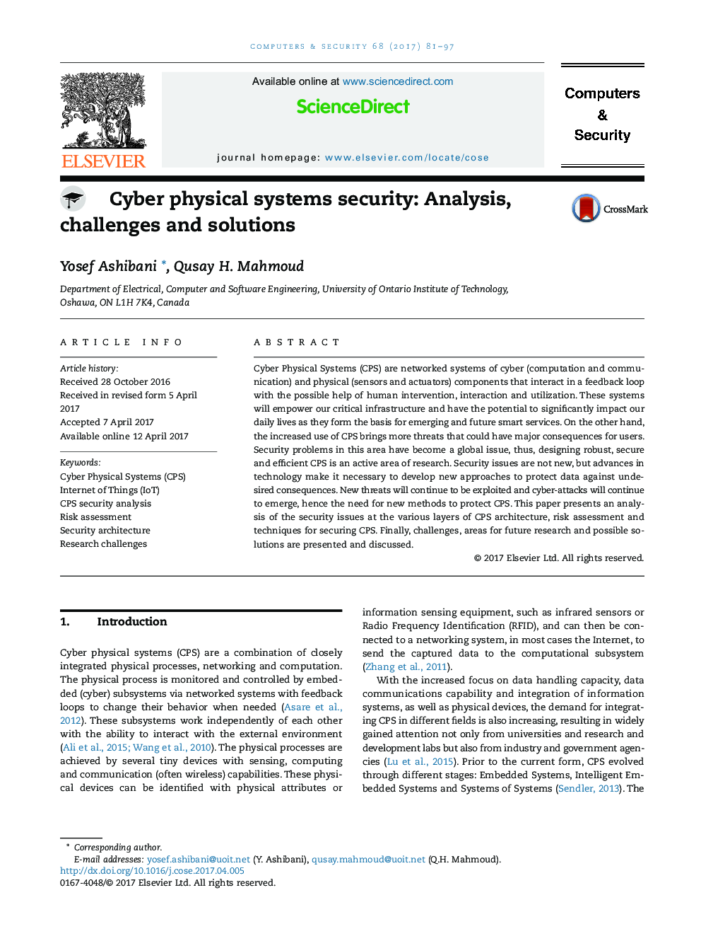 Cyber physical systems security: Analysis, challenges and solutions